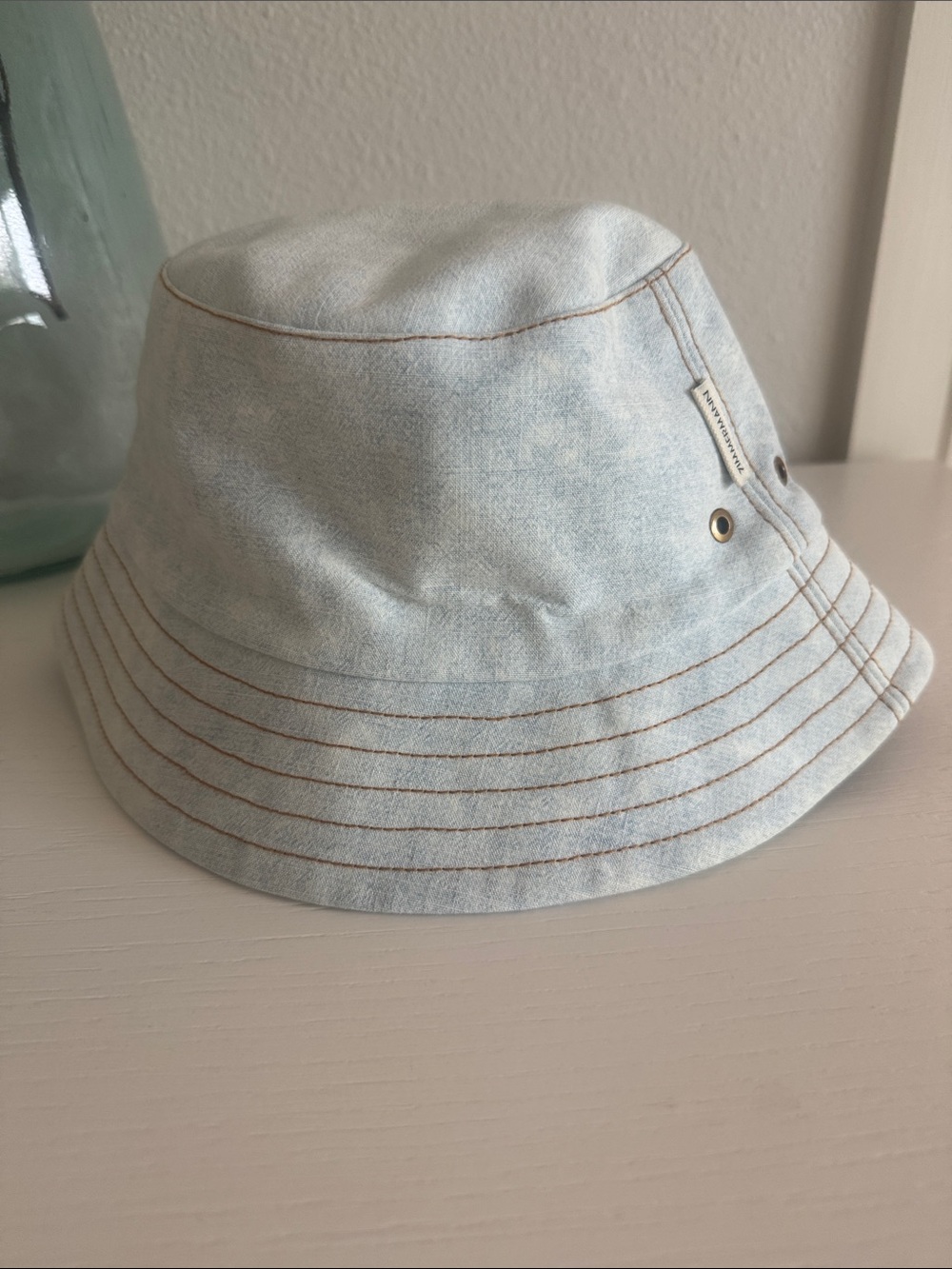 Zimmermann Light Denim Bucket Hat with Brown Topstitching - Picture 3 of 5